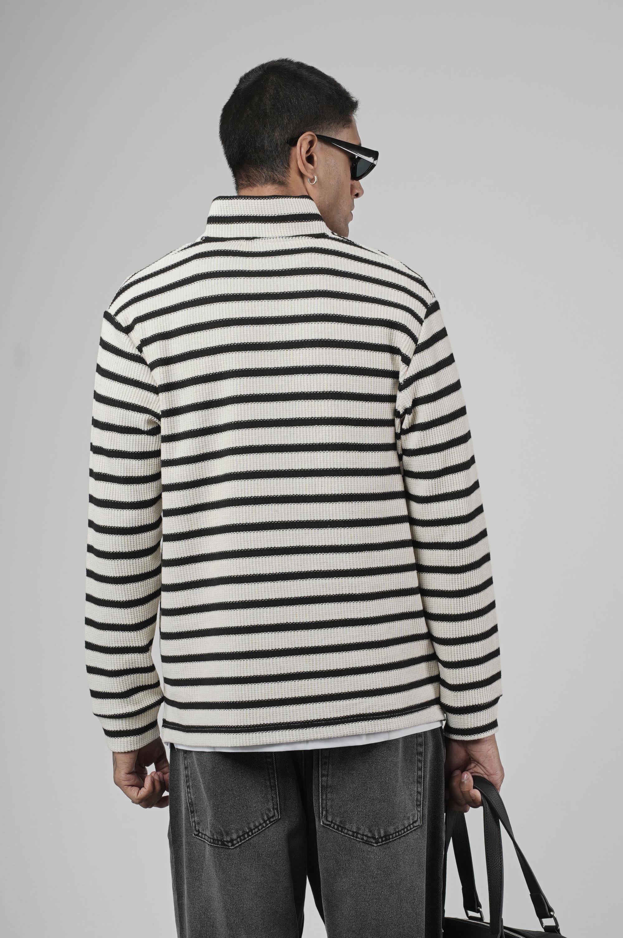 Yarım Fermuarlı Çizgili Regular Kalıp Jakarlı Sweatshirt