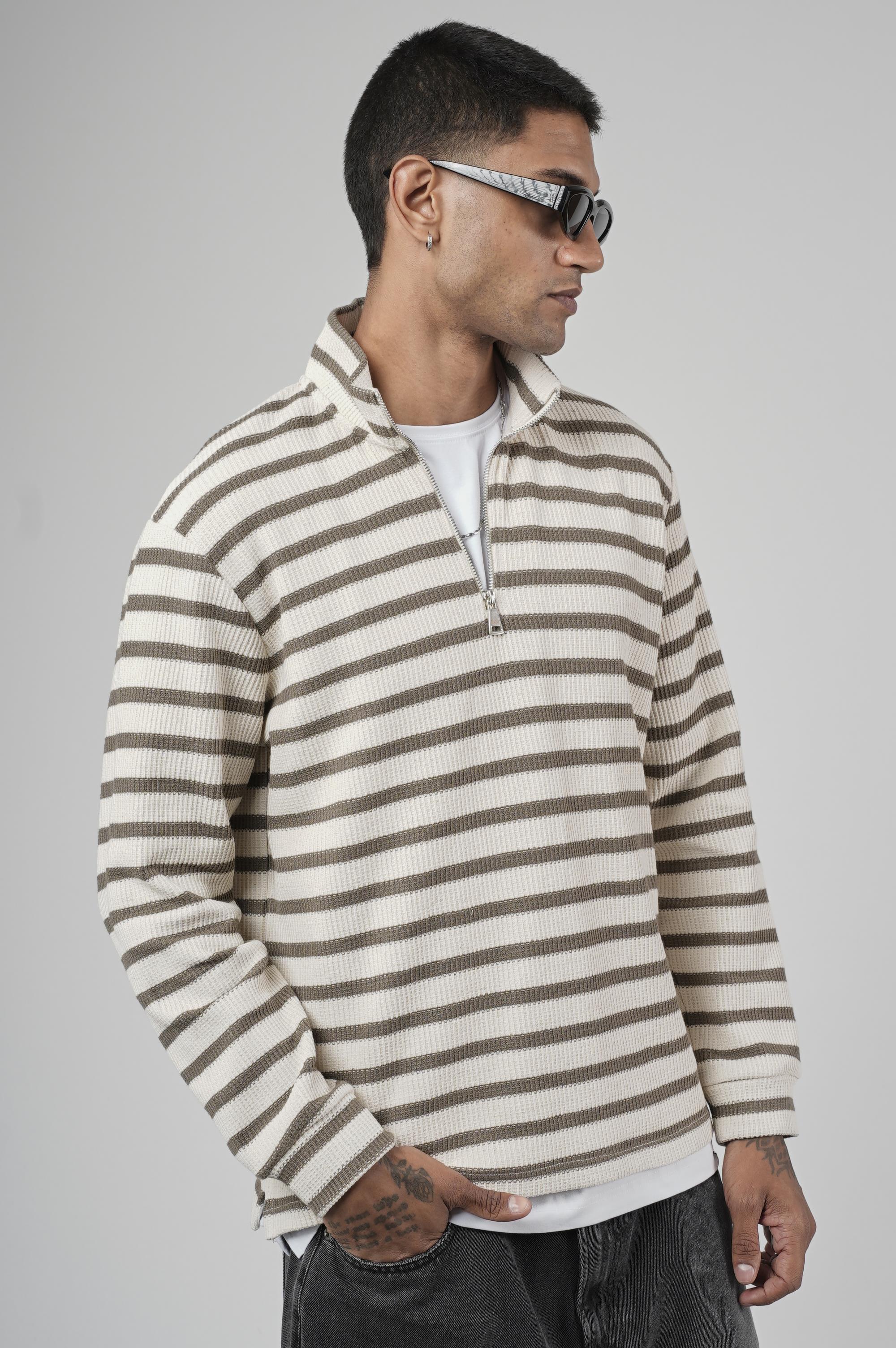 Yarım Fermuarlı Çizgili Regular Kalıp Jakarlı Sweatshirt