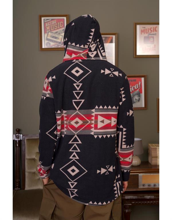 Desenli Kapüşonlu Oversize Polar Panço
