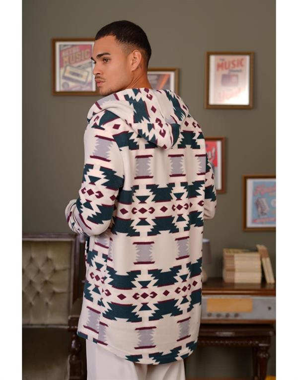 Desenli Kapüşonlu Oversize Polar Panço