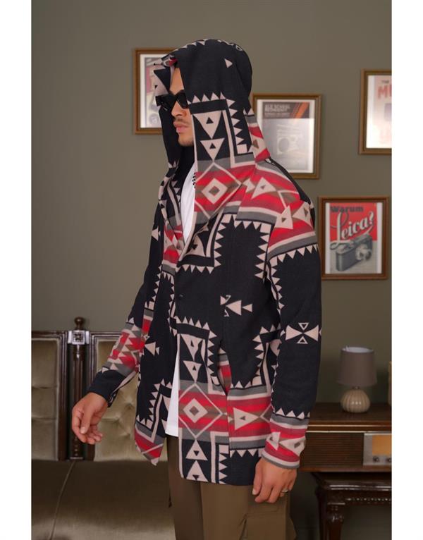 Desenli Kapüşonlu Oversize Polar Panço