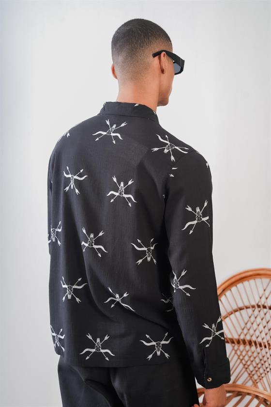 Desenli Oversize Kalıp Erkek Keten Gömlek