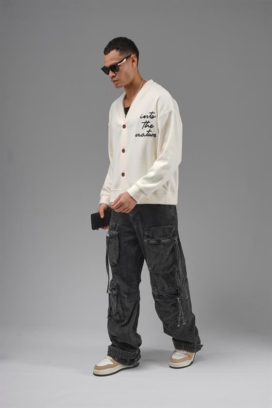 Düğmeli Nakış Detaylı Oversize Kalıp Erkek Hırka