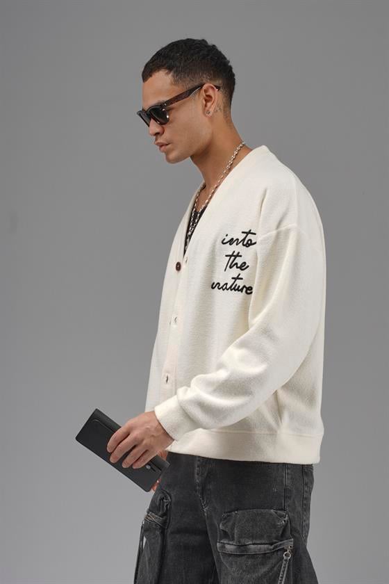 Düğmeli Nakış Detaylı Oversize Kalıp Erkek Hırka