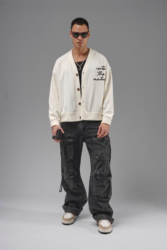 Düğmeli Nakış Detaylı Oversize Kalıp Erkek Hırka