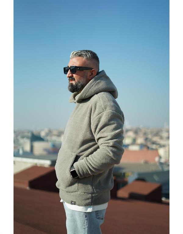 Erkek Kapuşonlu Kanguru Cepli Oversize Kalıp Peluş Sweatshirt