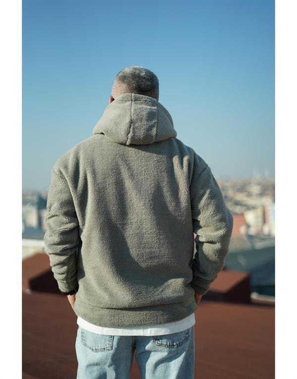Erkek Kapuşonlu Kanguru Cepli Oversize Kalıp Peluş Sweatshirt