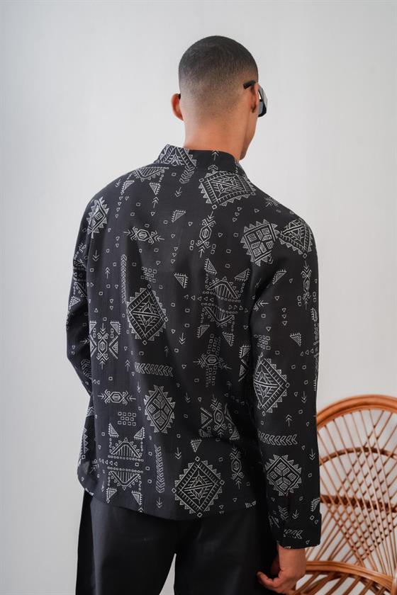 Erkek Oversize Kalıp Desenli Keten Gömlek