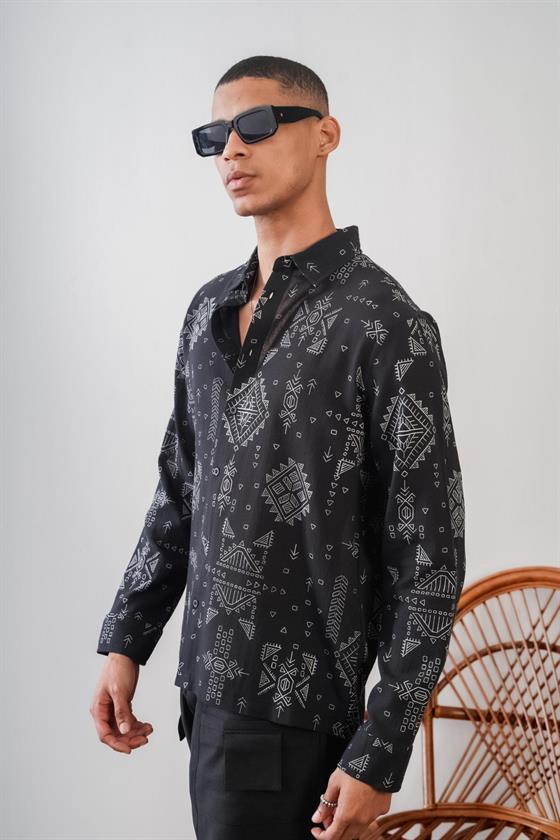 Erkek Oversize Kalıp Desenli Keten Gömlek