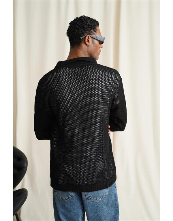 Erkek Polo Yaka Örgülü Oversize Kalıp Triko Kazak