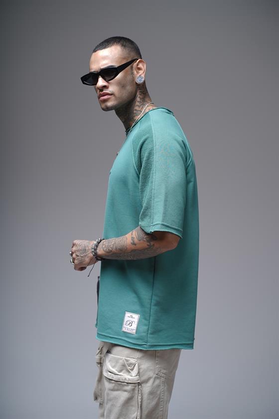 Kabartma Baskılı Garni Detaylı Reglan Kol Oversize Kalıp Unisex Tişört