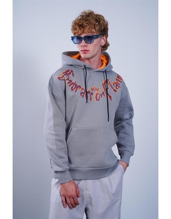 Kanguru Cepli Önü Baskılı Ribanalı Erkek Oversize Kalıp Kapuşonlu Sweatshirt