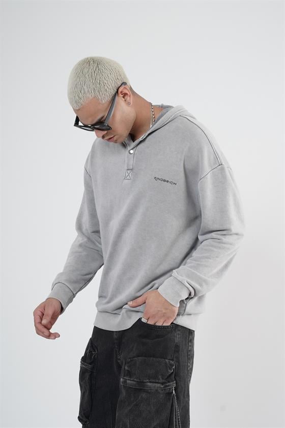 Kapüşonlu Çıt Çıt Detaylı Yıkamalı Oversiza Kalıp Sweatshirt