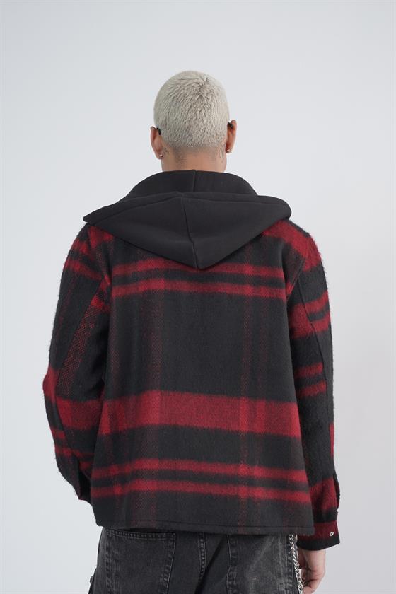 Kapuşonlu Ekoseli Unisex Kaşe Gömlek