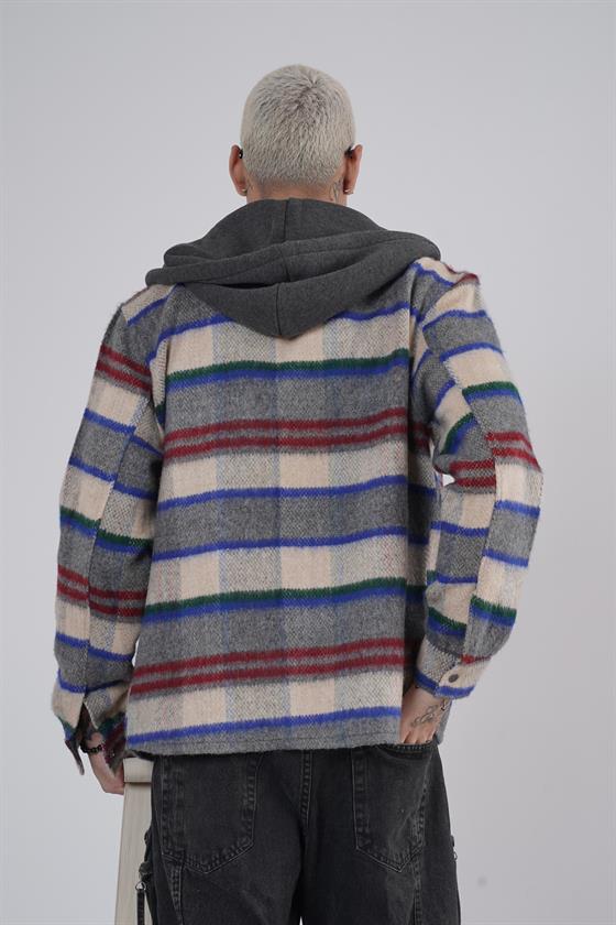 Kapuşonlu Ekoseli Unisex Kaşe Gömlek