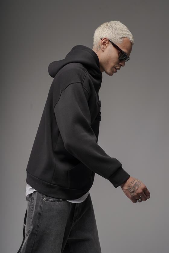 Kapüşonlu Önü Biye Kordoneli Hoodie Sweatshirt