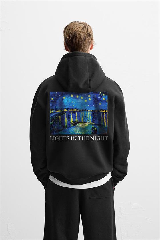Kapuşonlu Starry Night Baskılı Oversize Kalıp Unisex Hoodie