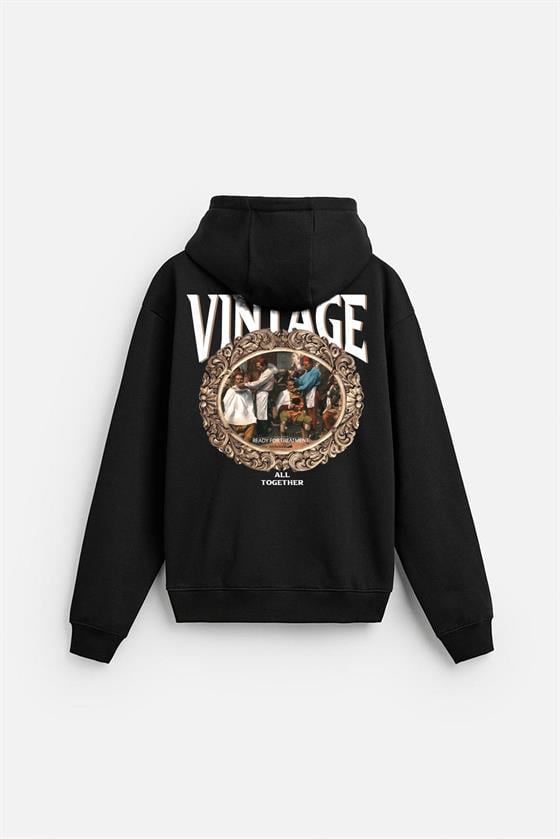 Kapuşonlu Vintage Baskılı Unisex Oversize Kalıp Hoodie