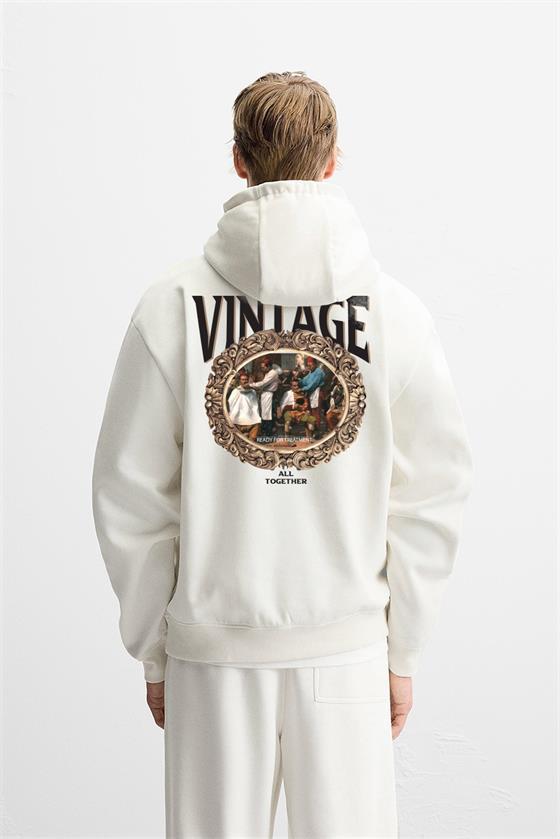 Kapuşonlu Vintage Baskılı Unisex Oversize Kalıp Hoodie