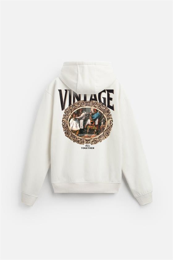 Kapuşonlu Vintage Baskılı Unisex Oversize Kalıp Hoodie