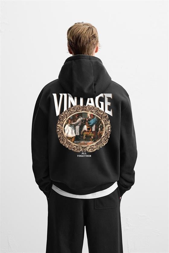 Kapuşonlu Vintage Baskılı Unisex Oversize Kalıp Hoodie