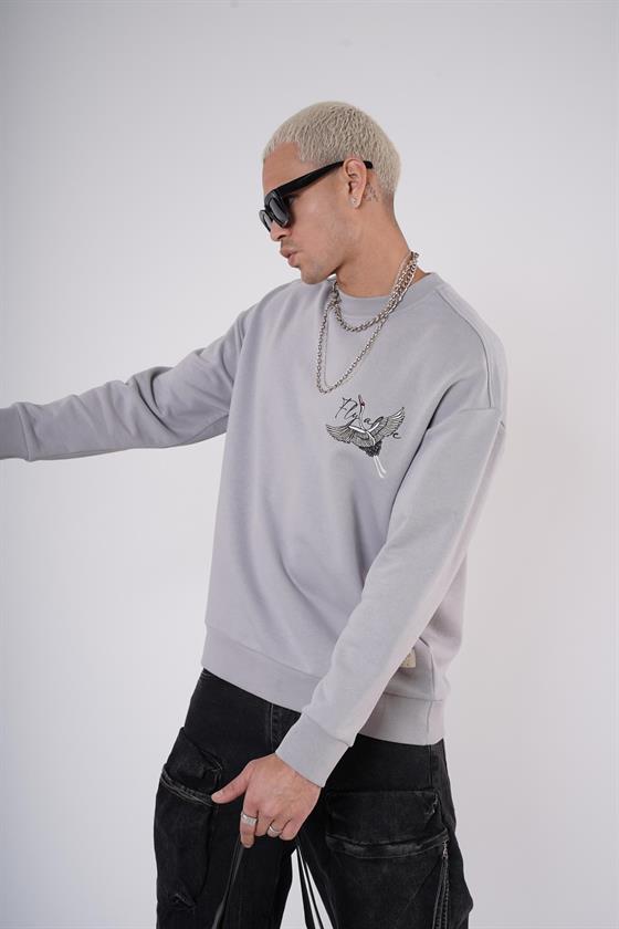 King Brich Bisiklet Yaka Leylek Baskılı Nakış Detaylı Sweatshirt