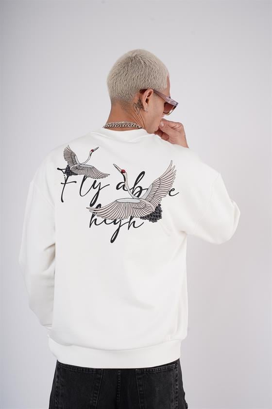 King Brich Bisiklet Yaka Leylek Baskılı Nakış Detaylı Sweatshirt