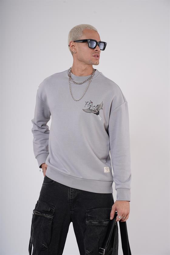 King Brich Bisiklet Yaka Leylek Baskılı Nakış Detaylı Sweatshirt