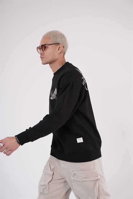 King Brich Bisiklet Yaka Leylek Baskılı Nakış Detaylı Sweatshirt