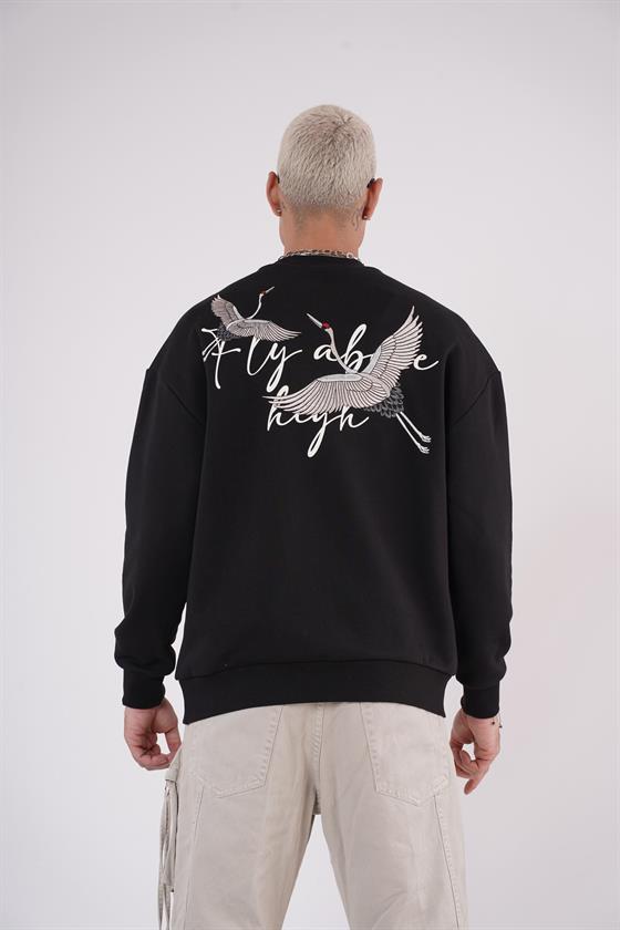 King Brich Bisiklet Yaka Leylek Baskılı Nakış Detaylı Sweatshirt