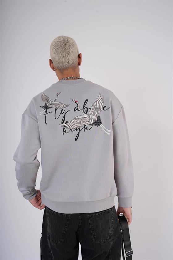 King Brich Bisiklet Yaka Leylek Baskılı Nakış Detaylı Sweatshirt