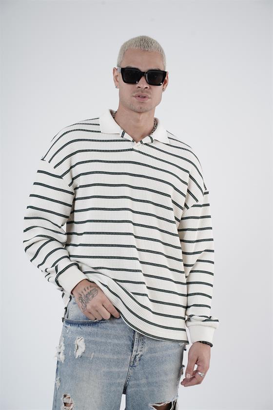 King Brich Polo Yaka Oversize Kalıp Çizgili Triko Kazak