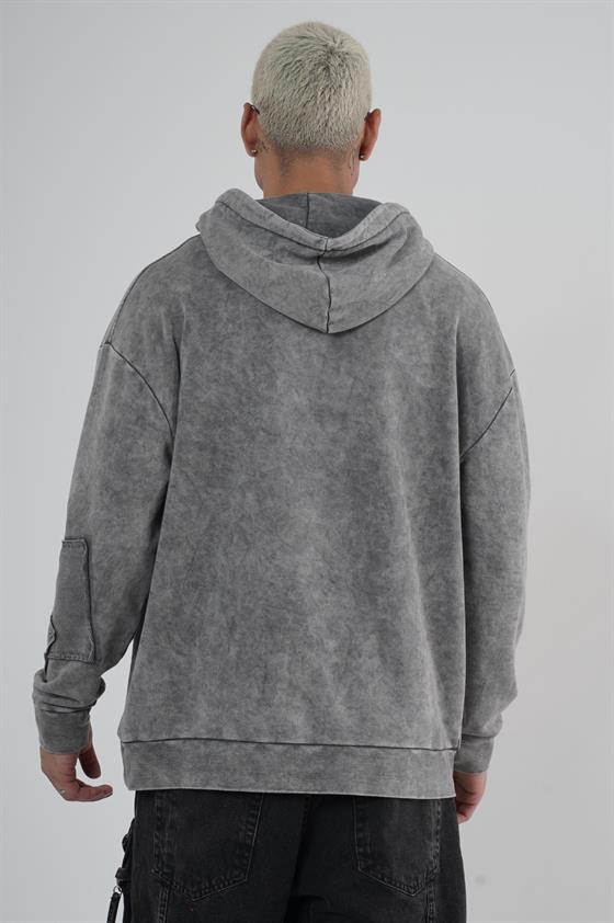 King Brich Yıkamalı Kapüşonlu Yama Detaylı Sweatshirt