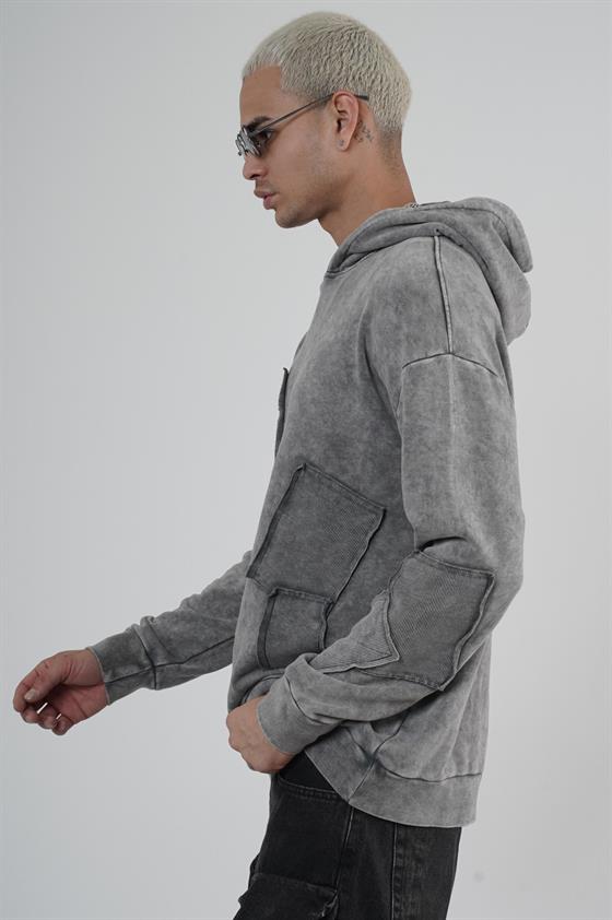 King Brich Yıkamalı Kapüşonlu Yama Detaylı Sweatshirt