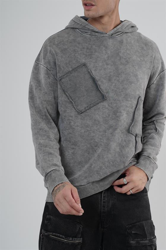 King Brich Yıkamalı Kapüşonlu Yama Detaylı Sweatshirt
