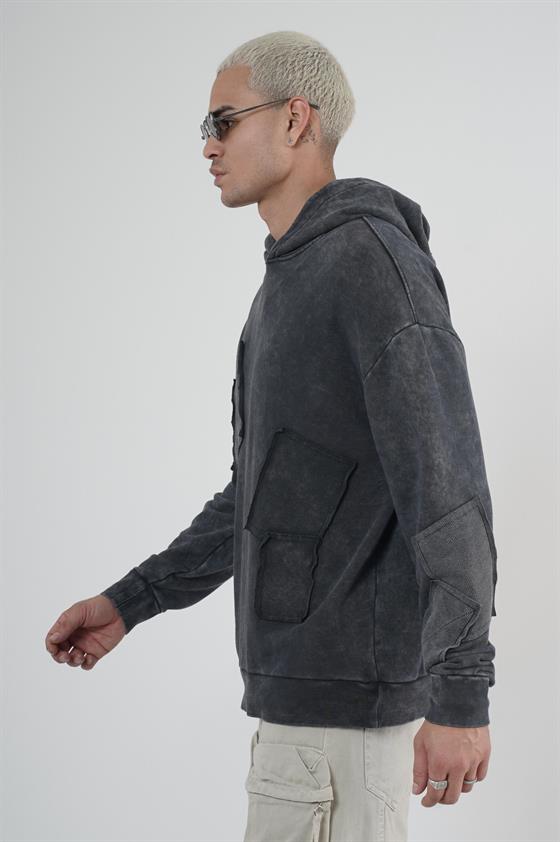 King Brich Yıkamalı Kapüşonlu Yama Detaylı Sweatshirt