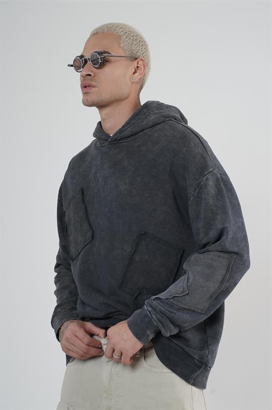 King Brich Yıkamalı Kapüşonlu Yama Detaylı Sweatshirt