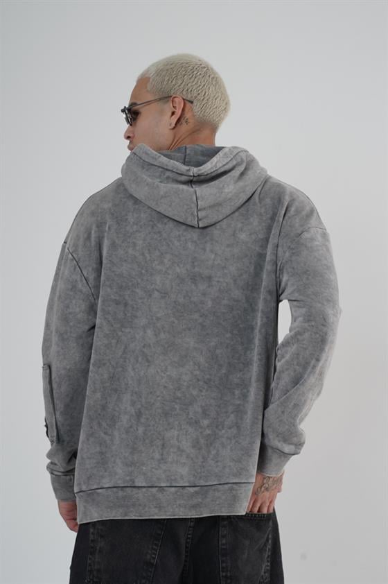 King Brich Yıkamalı Kapüşonlu Yama Detaylı Sweatshirt