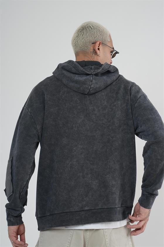 King Brich Yıkamalı Kapüşonlu Yama Detaylı Sweatshirt