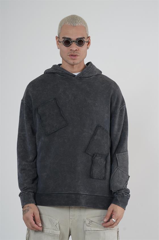 King Brich Yıkamalı Kapüşonlu Yama Detaylı Sweatshirt