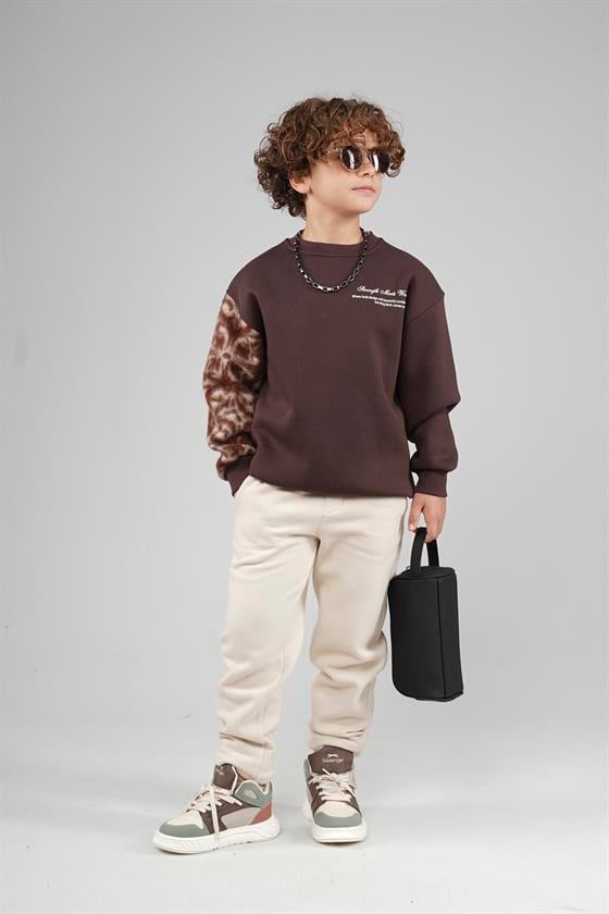 Kingbrich Kids Bisiklet Yaka Kolu Garnili Baskılı Çocuk Sweatshirt