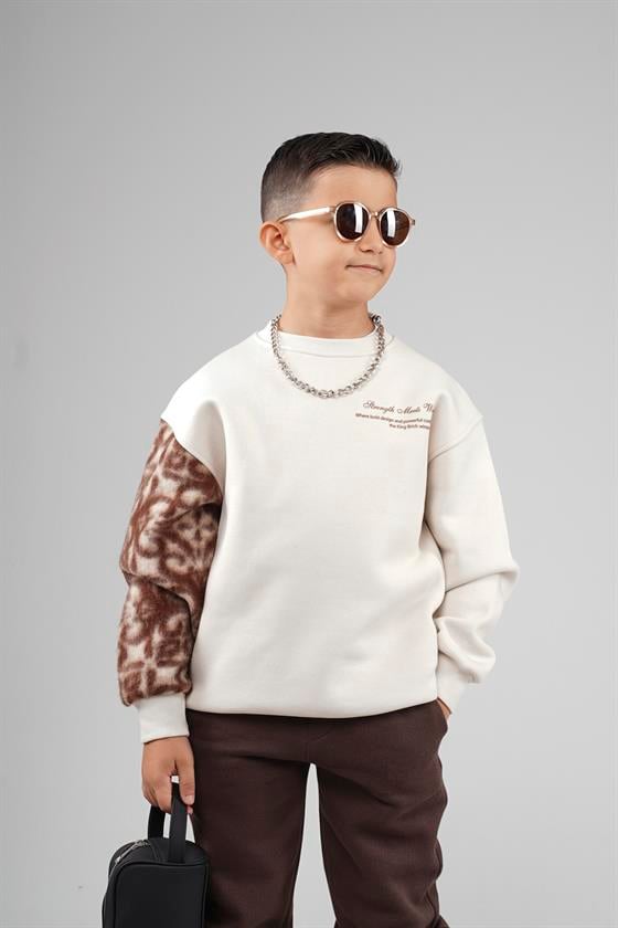 Kingbrich Kids Bisiklet Yaka Kolu Garnili Baskılı Çocuk Sweatshirt