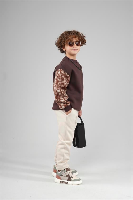 Kingbrich Kids Bisiklet Yaka Kolu Garnili Baskılı Çocuk Sweatshirt