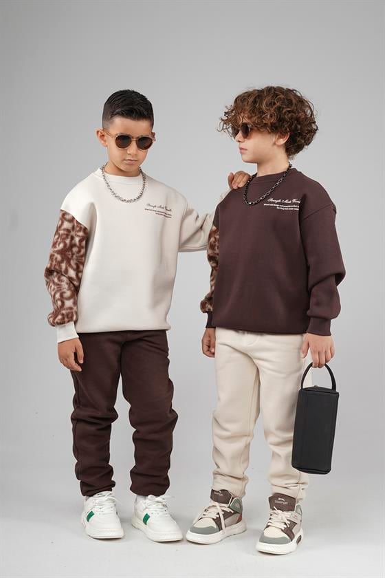 Kingbrich Kids Bisiklet Yaka Kolu Garnili Baskılı Çocuk Sweatshirt