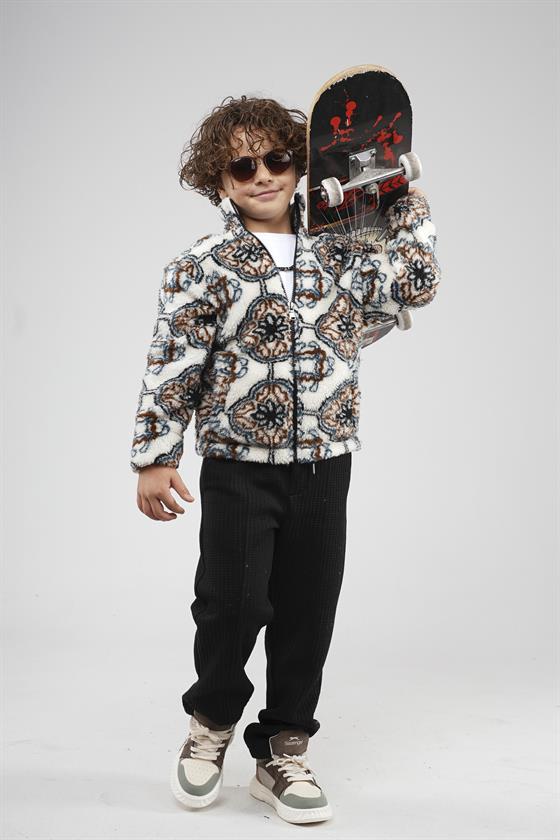 Kingbrich Kids Dik Yaka Fermuarlı Desenli Çocuk Polar