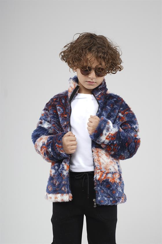 Kingbrich Kids Dik Yaka Fermuarlı Desenli Çocuk Polar