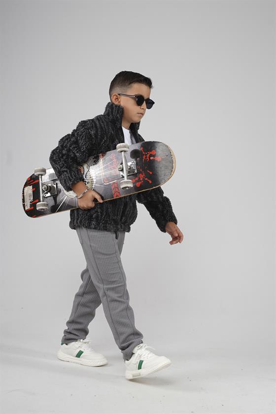 Kingbrich Kids Dik Yaka Fermuarlı Desenli Çocuk Polar