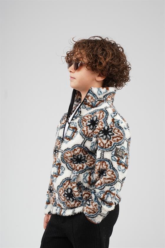 Kingbrich Kids Dik Yaka Fermuarlı Desenli Çocuk Polar