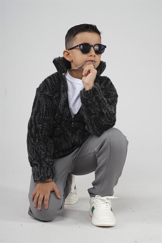 Kingbrich Kids Dik Yaka Fermuarlı Desenli Çocuk Polar