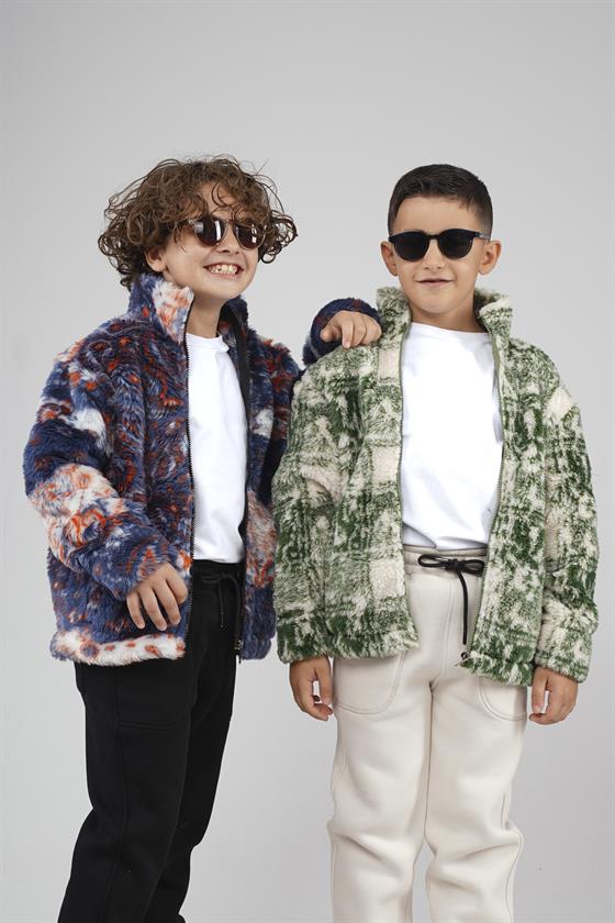 Kingbrich Kids Dik Yaka Fermuarlı Desenli Çocuk Polar
